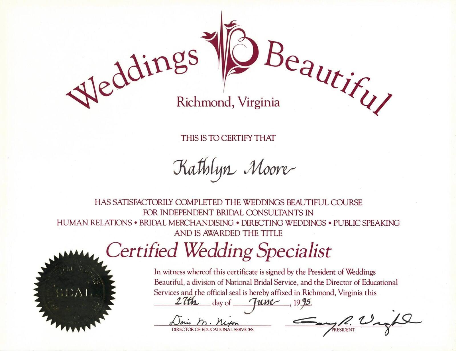 Weddings Beautiful, Certified Wedding Specialist
